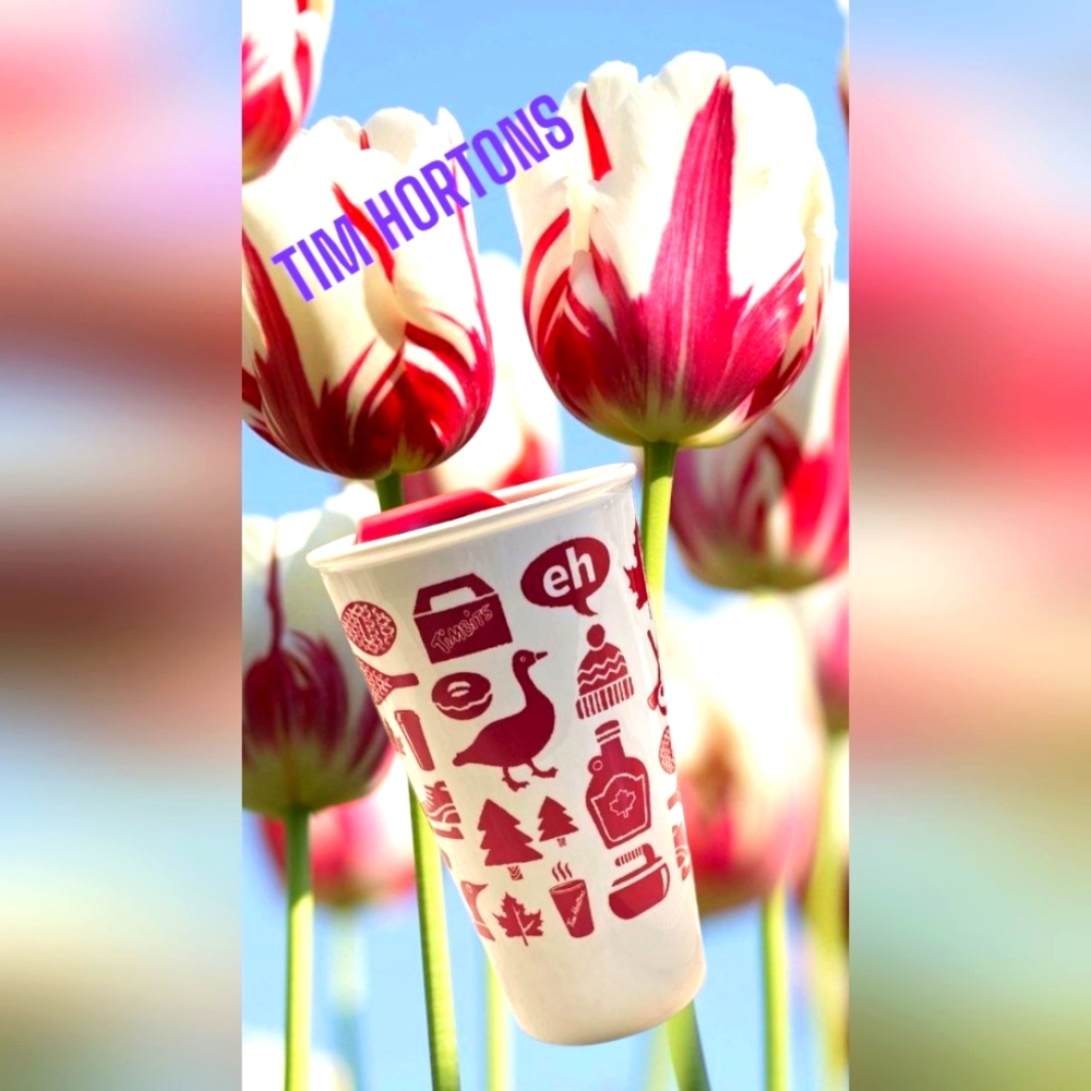 Tim Hortons Canadian Red and White Ceramic Travel Tumbler with Lid Sz 12 oz